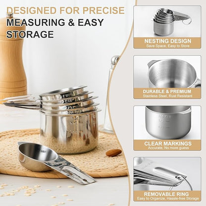 Stainless Steel Measuring Cups & Spoons Set, EWFEN Kitchen Tools Nesting Measuring Cups and Spoons, Fits in Spice Jars for Baking & Cooking, BPA Free, Set of 15 with Leveler, Black - Image 6