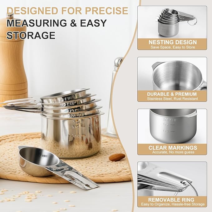 Stainless Steel Measuring Cups & Spoons Set, EWFEN Kitchen Tools Nesting Measuring Cups and Spoons, Fits in Spice Jars for Baking & Cooking, BPA Free, Set of 15 with Leveler, Multicolor - Image 6