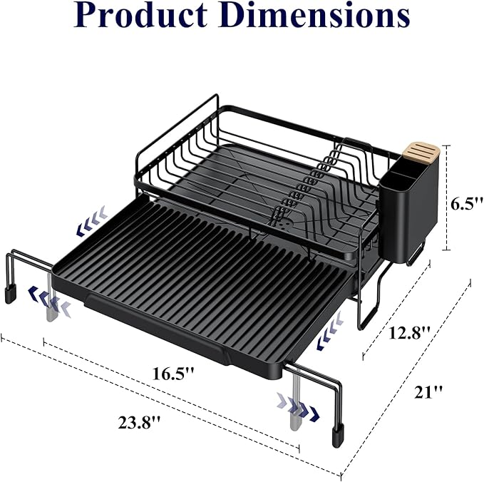 Kitsure Extendable Dish Drying Rack - Adjustable Length 12.8"–21.0", Auto-Draining Dish Rack for Kitchen Counter, Rust-Resistant Metal Frame Over-Sink Support for Plates, Bowls & Utensils, Black - Image 5