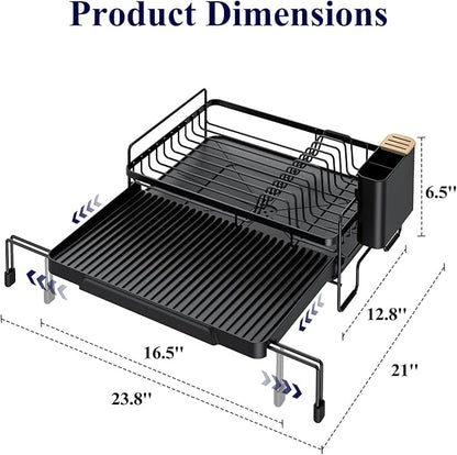 Kitsure Extendable Dish Drying Rack - Adjustable Length 12.8"–21.0", Auto-Draining Dish Rack for Kitchen Counter, Rust-Resistant Metal Frame Over-Sink Support for Plates, Bowls & Utensils, Black - Image 5