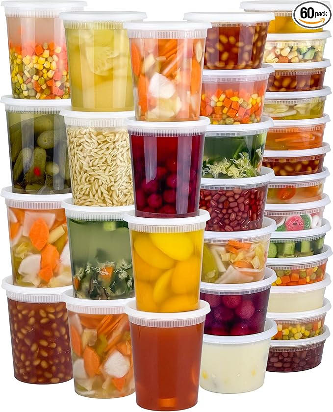 Dipoo 60 Sets (120-Piece) Deli Containers with Lids, 32/16/8 oz X 20 Set Each, Leak-Proof & BPA Free Airtight Takeout Plastic Food Storage Containers for Soup, Freezer/Microwave/Dishwasher Safe by Dipoo