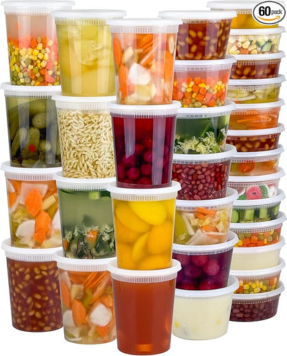 Dipoo 60 Sets (120-Piece) Deli Containers with Lids, 32/16/8 oz X 20 Set Each, Leak-Proof & BPA Free Airtight Takeout Plastic Food Storage Containers for Soup, Freezer/Microwave/Dishwasher Safe by Dipoo