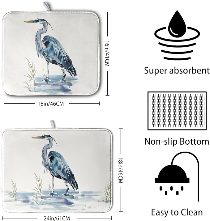 Summer Dish Drying Mat Blue White Heron Beach Absorbent Microfiber Drying Mats for Kitchen Counter Coastal Nautical Birds Dishes Drainer Mat Extra Large 18x24 Inch - Image 2
