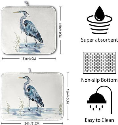 Summer Dish Drying Mat Blue White Heron Beach Absorbent Microfiber Drying Mats for Kitchen Counter Coastal Nautical Birds Dishes Drainer Mat 16x18 Inch - Image 2