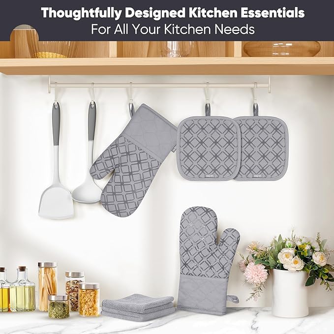 Oven Mitts and Pot Holders Set with Dishcloths, 500 Degree Heat Resistant Oven Gloves and Hot Pads, Premium Soft Cotton Kitchen Mittens and Dish Cloth Sets-Grey - Image 7