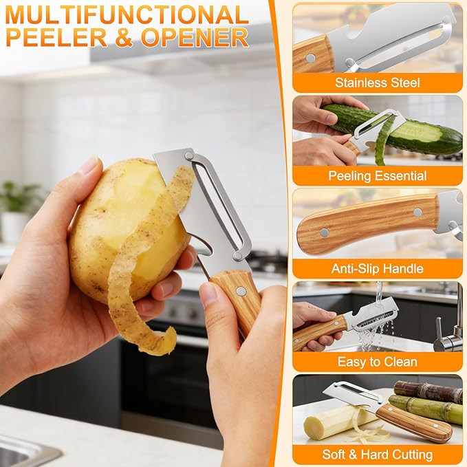 Multi-Functional Vegetable Peeler for Kitchen, with Wooden Handle and Bottle Opener, 2-in-1 Stainless Steel Blade Kitchen Tool for Fruit Apple Potato Pumpkin Papaya(2pcs) - Image 3