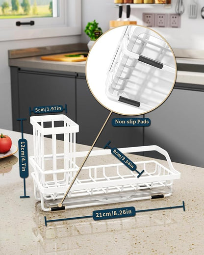 Consumest Sponge Holder for Kitchen Sink - Sink Caddy Organizer with Removable Drip Tray for Countertop Dish Soap Dispenser Brush Storage Kitchen Accessories 304 Stainless Steel, White - Image 7