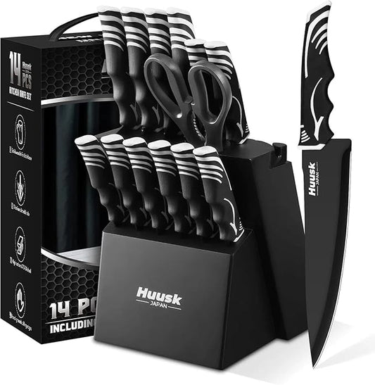 Huusk Knife Block Set with Sharpener - Kitchen Knives Set with Wooden Knife Block - Ideal Housewarming Gifts for New Home - Chef Knives with Kitchen Shears - Christmas Gift for Men Women - Black
