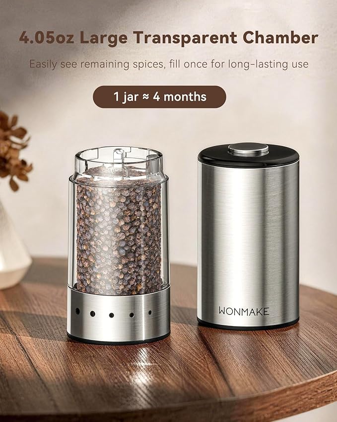Electric Salt and Pepper Grinder Set, Type-C Rechargeable with LED Battery Level Display, Stainless Steel Salt and Pepper Shakers with Storage Base, Top Button Design, 5 Adjustable Coarseness Levels - Image 7