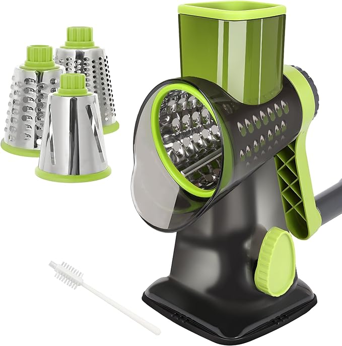 Quick Rotating Cheese Grater, Manual 3-in-1 Vegetable Chopper with Interchangeable Blades and Suction Cup Base (Green) by EDEFISY