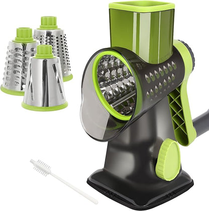 Quick Rotating Cheese Grater, Manual 3-in-1 Vegetable Chopper with Interchangeable Blades and Suction Cup Base (Green) by EDEFISY