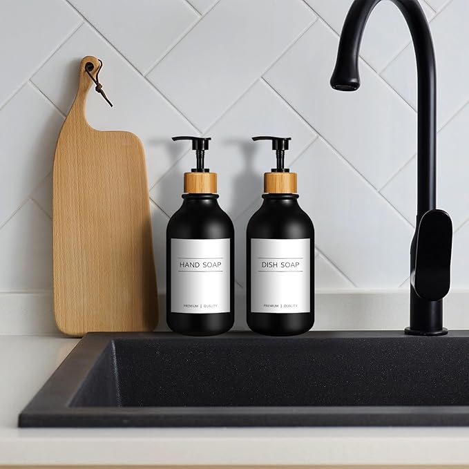 KASUNTING Hand Soap Dispenser Bathroom, Black Dish Soap Dispenser for Kitchen, 17 Fl Oz Plastic Hand and Dish Soap Dispensers Set with Bamboo Pump, 2 Pack Refillable Liquid Lotion Containers Bottle - Image 8