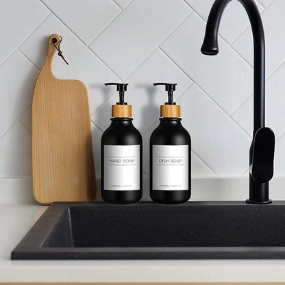 KASUNTING Hand Soap Dispenser Bathroom, Black Dish Soap Dispenser for Kitchen, 17 Fl Oz Plastic Hand and Dish Soap Dispensers Set with Bamboo Pump, 2 Pack Refillable Liquid Lotion Containers Bottle - Image 8