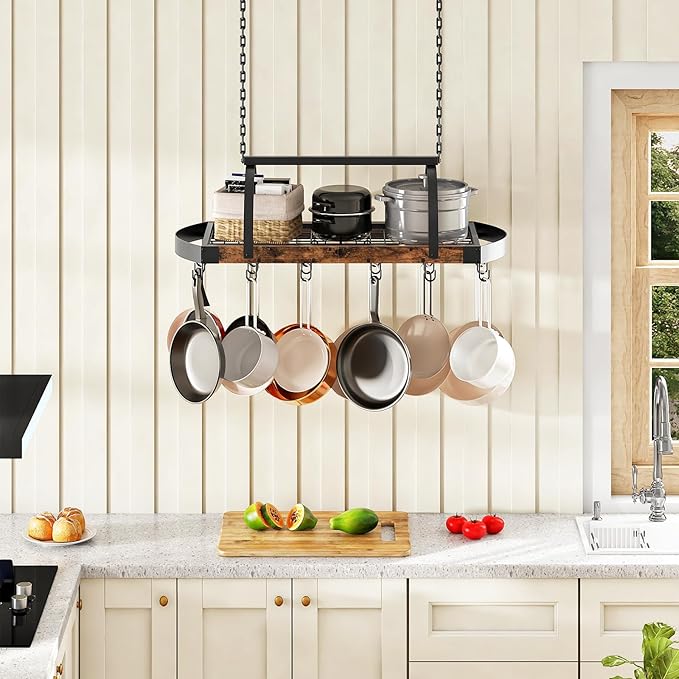 CHOEZON Hanging Pot Rack, Pot Hanger for Kitchen, Ceiling Mounted Pot Holder, Cookware Organizer with 18 S-Shaped Hooks, for Pot, Pan Storage, Space-Saving, Rustic Brown and Black TPR18BF - Image 4