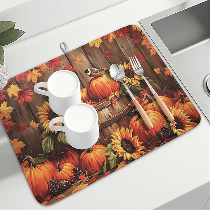 Fall Pumpkin Dish Drying Mat for Kitchen Counter Thanksgiving Autumn Harvest Pumpkin Microfiber Dish Drainer Mat Rustic Farmhouse Absorbent Washable Drying Pad 18"x24"