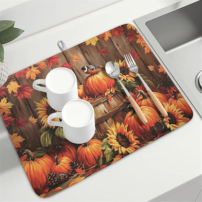 Fall Pumpkin Dish Drying Mat for Kitchen Counter Thanksgiving Autumn Harvest Pumpkin Microfiber Dish Drainer Mat Rustic Farmhouse Absorbent Washable Drying Pad 18"x24"