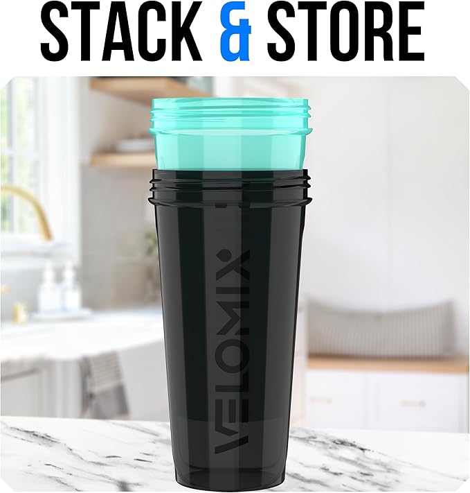 VELOMIX -2 Pack- 28 oz Protein Shaker Bottles for Protein Mixes - 2x Wire Whisk | Leak Proof Shaker Cups for Protein Shakes and Pre Workout | Protein Shaker Bottle Pack (B4) Black/Turquoise