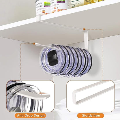 Tumbler Lid Organizer 2 Pack Tumbler Lid Storage Hook Up to 20 Lids, Space Saving Cup Lid Organizer Under Cabinet Tumbler Lid Hanger for Kitchen Storage, Horizontal Paper Towel Hanger (White)