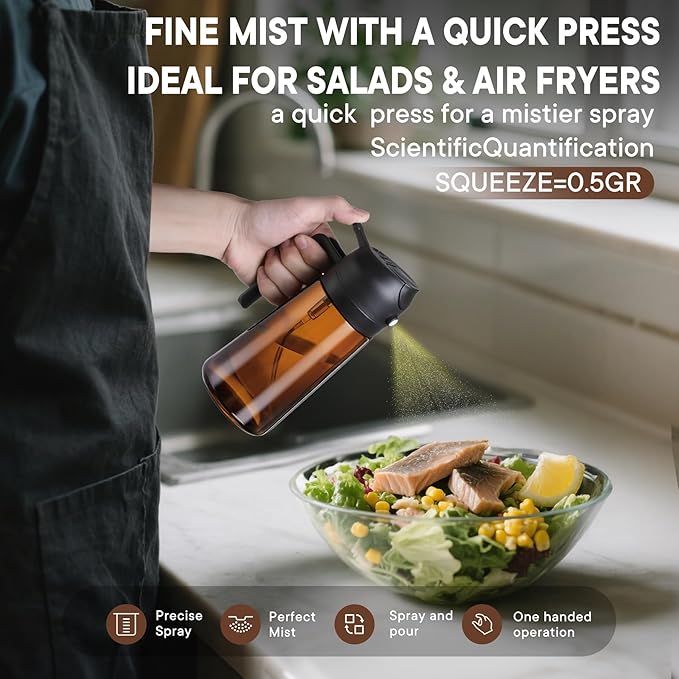 LAKUMIQI 2-in-1 Olive Oil Sprayer for Air Fryer – 16oz Glass Oil Dispenser & Cooking Oil Mister – Spray & Pour Bottle, Non-Aerosol, Leak-Resistant, for Salad, BBQ, Kitchen - Image 2