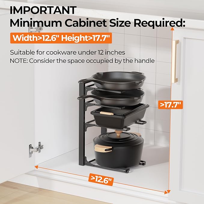 MUDEELA Pots and Pans Organizer under Cabinet 15.75" Tall, 4-Tier Heavy Duty Pan Organizers inside Cabinet Kitchen Storage, Adjustable Pot Rack Holds up to 44 LB Cast Iron Skillets Shallow Cookware - Image 2