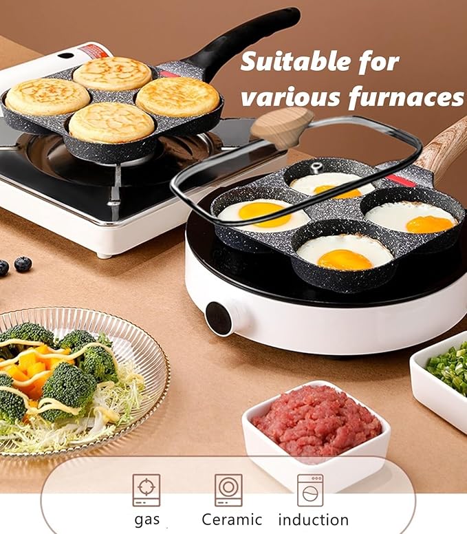 HUPECHAM Egg Pan With Lid 4-Cup Nonstick, and Healthy Granite Egg Frying Pan, Versatile Breakfast Skillet for Eggs, Pancakes, Plett, Crepes, Compatible with Gas Stove and Induction Cooktop - Image 5