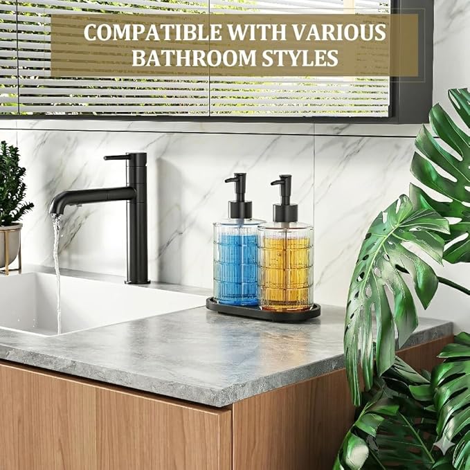 MASADI Soap Dispenser Set with Bamboo Tray, Dish and Hand Soap Lotion Dispenser Set with Wooden Pump for Kitchen and Bathroom Decor for Counter, Modern Vintage Liquid Soap Dispensers (Clear&Black) - Image 5