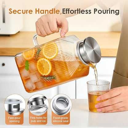 1 Gallon thickened Square Glass Pitcher with Lid, Spout and Handle, Striped Water Pitcher for Fridge, Borosilicate Glass Carafe for Cold Water & Hot Brew, Large Jug for Iced Tea, Coffee, Juice