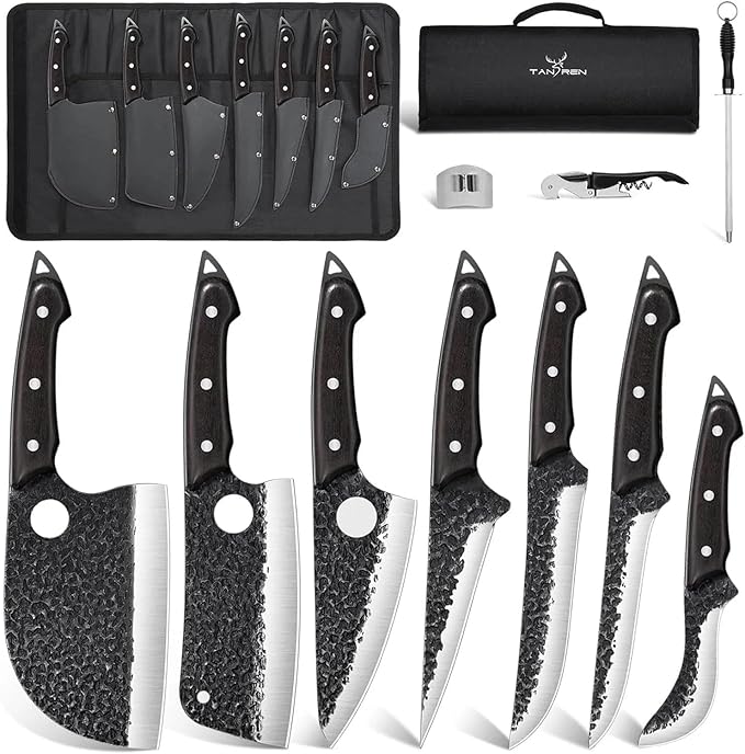 TAN REN Butcher Knife Set for Meat Cutting, 7PCS Professional Serbian Chef Knife Set with Bag, Hand Forged Viking Kitchen Knives