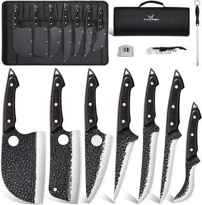 TAN REN Butcher Knife Set for Meat Cutting, 7PCS Professional Serbian Chef Knife Set with Bag, Hand Forged Viking Kitchen Knives