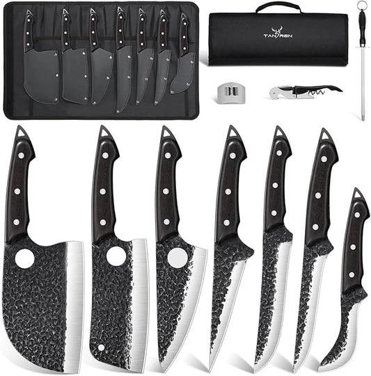 TAN REN Butcher Knife Set for Meat Cutting, 7PCS Professional Serbian Chef Knife Set with Bag, Hand Forged Viking Kitchen Knives