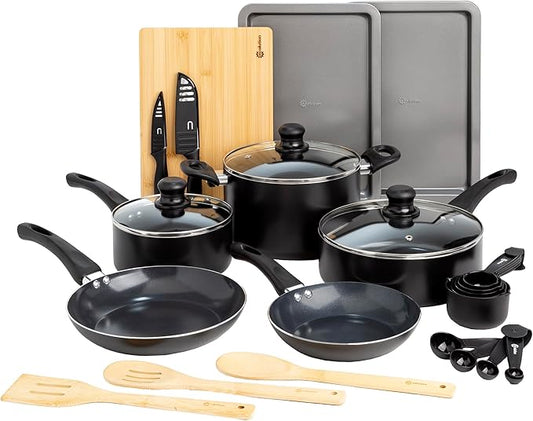 Ecolution Easy Clean Ceramic Nonstick Cookware Set, Dishwasher Safe Kitchen Pots and Pans Set, Comfort Grip Handle, Even Heating, Ultimate Food Release, 26-Piece, Black by Ecolution