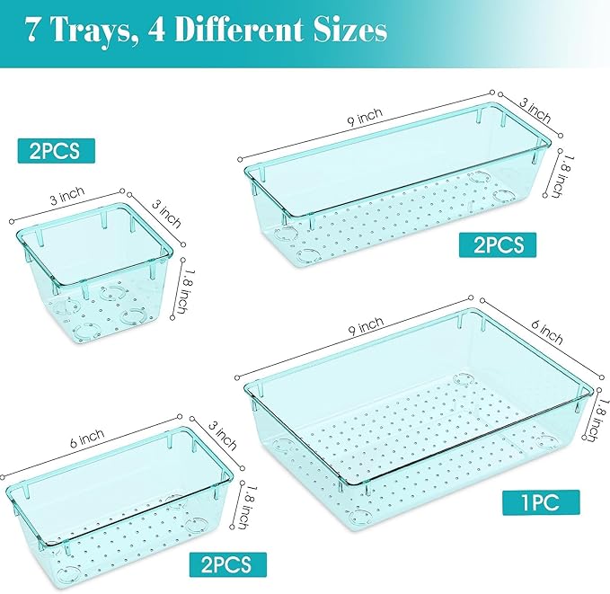 StorMiracle 7 PCS Clear Plastic Drawer Organizers Set, 4 Size Desk Drawer Organizer Trays for Makeup, Jewelry, Kitchen Utensils, Gadgets and Office Accessories, Sea Blue - Image 2
