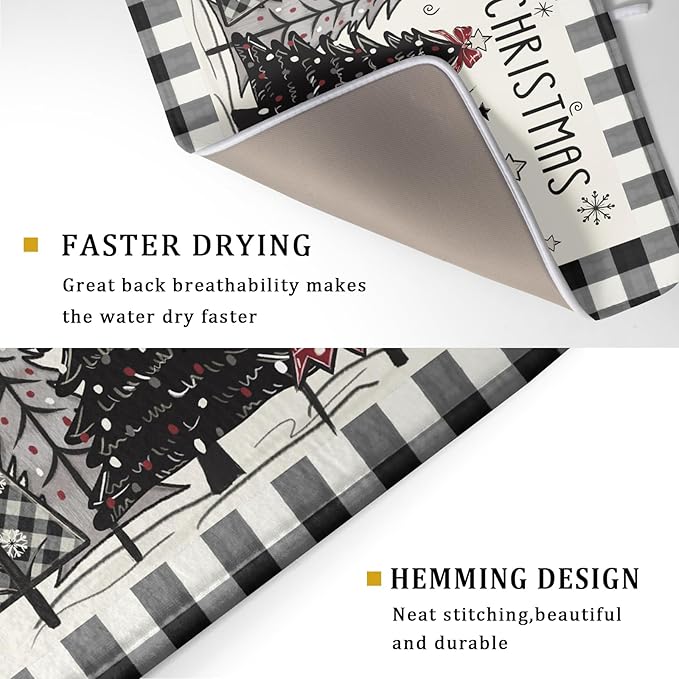 Merry Christmas Tree Dish Drying Mat for Kitchen Counter 18x24 Inch Black Red Grey Xmas Plaid Print Absorbent Reversible Microfiber Drying Mats Kitchen Countertop Protector Dishes Drainer Rack Pad - Image 3