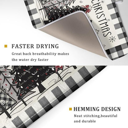 Merry Christmas Tree Dish Drying Mat for Kitchen Counter 18x24 Inch Black Red Grey Xmas Plaid Print Absorbent Reversible Microfiber Drying Mats Kitchen Countertop Protector Dishes Drainer Rack Pad - Image 3