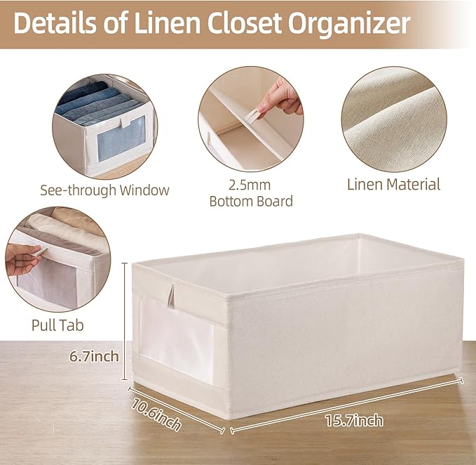 Linen Closet Organizers And Storage, 6 Pack Closet Storage Bins Linen Closet Baskets for Closet Organization Foldable Closet Organizer Bins with Clear Window For Organizing Clothing, Jeans, Shelves - Image 2