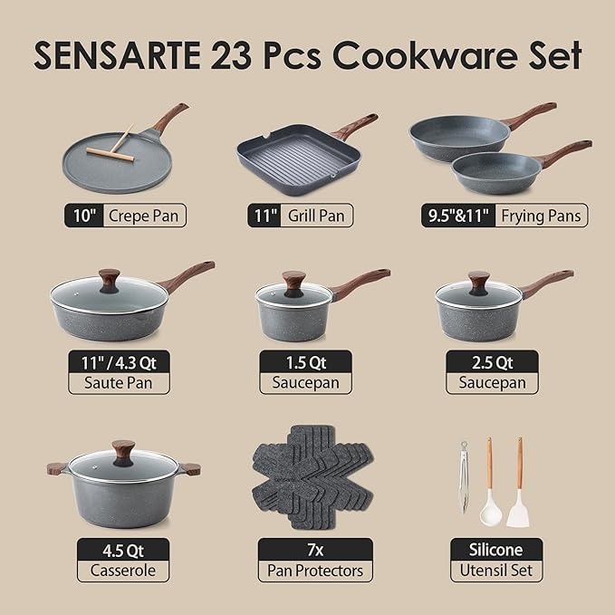 SENSARTE Nonstick Granite Cookware Set, 23 PCS Pots and Pans Non Toxic, PFOA & PFOS Free, Healthy Non Stick Granite Stone Coating Kitchen Cooking Set with Stay-Cool Handles, Gray