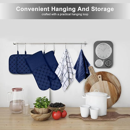 Oven Mitts Kitchen Towels Dishcloths with Pot Holders Sets 12PCS,Dish Towels Sets,Oven Gloves Pot Pads Heat Resistant 500 Degrees with Non-Slip Silicone Surface for Cooking Baking Grilling-Marine Blue - Image 7