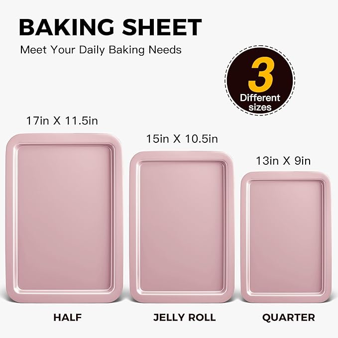 HONGBAKE Baking Sheet Pan Set, Cookie Sheet for Oven, Nonstick Bakeware Sets with Wider Grips, 3 Pack Half/Jelly Roll/Quarter Baking Tray, Premium, Dishwasher Safe-Pink - Image 3