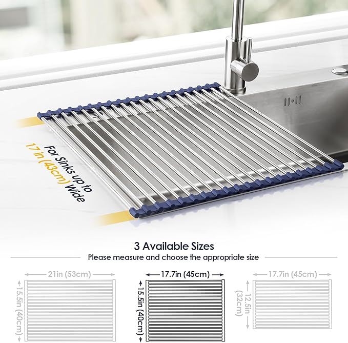Tomorotec 17.7" x 15.5" Roll Up Dish Drying Rack Over Sink Drying Rack Sink Cover Kitchen Sink Accessories Gadget Multipurpose Organizer Foldable Stainless Steel Drainer - Image 4