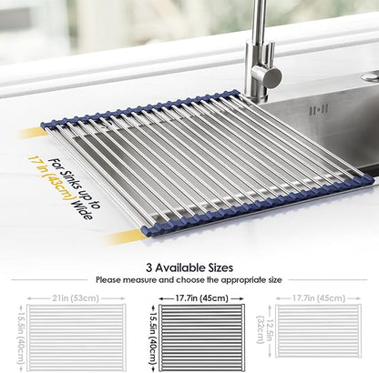 Tomorotec 17.7" x 15.5" Roll Up Dish Drying Rack Over Sink Drying Rack Sink Cover Kitchen Sink Accessories Gadget Multipurpose Organizer Foldable Stainless Steel Drainer - Image 4
