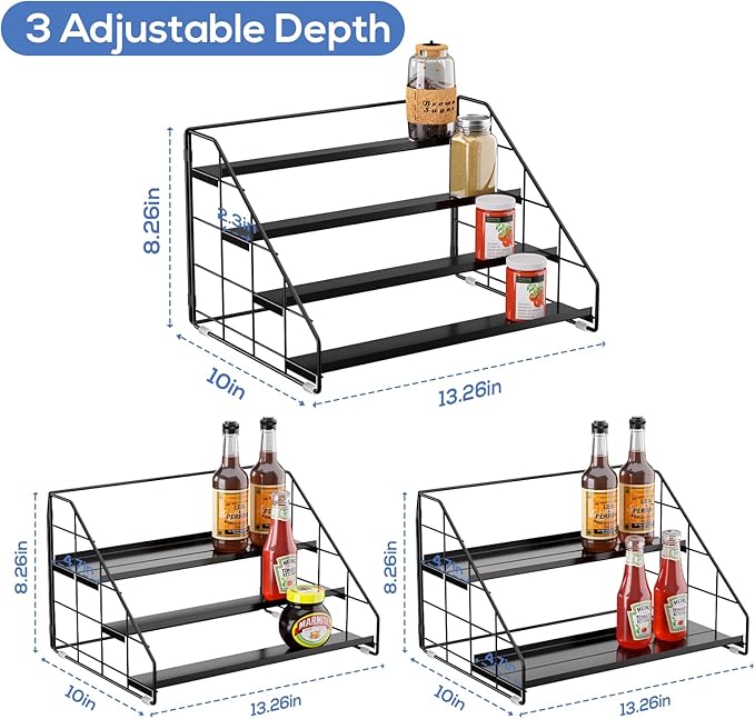 Spice Rack Organizer for Cabinet, 4 Tiered Spice Rack Organizer, Tiered Adjustable Spice Shelf for Kitchen Countertop Organization, Bright Black - Image 3
