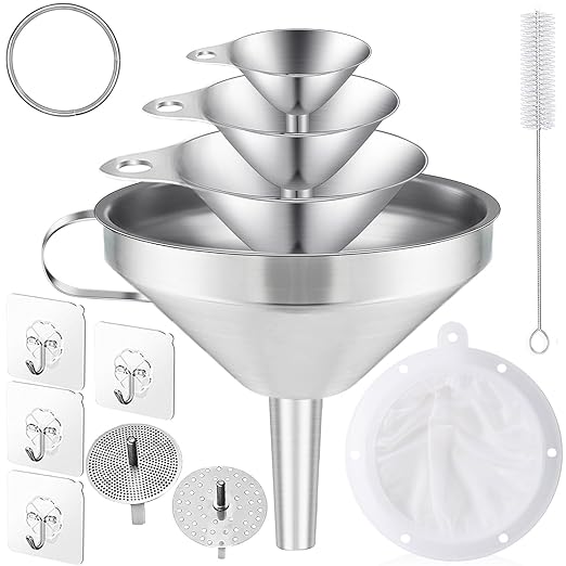 Toncoo 4 Pack Stainless Steel Funnels for Kitchen Use, Food Grade Cooking Funnel with 2 Strainer, Kitchen Funnel Set Metal Funnels for Filling Bottles