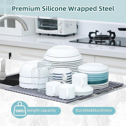 Ohuhu Over Sink Dish Drying Rack, Silicone Wrapped 17.6" W x 15.4" L Large Over The Sink Roll Up Dish Drainer - Foldable Sink Drying Rack Rolling Drain Mats Anti-Slip Multipurpose for Kitchen Counter - Image 8