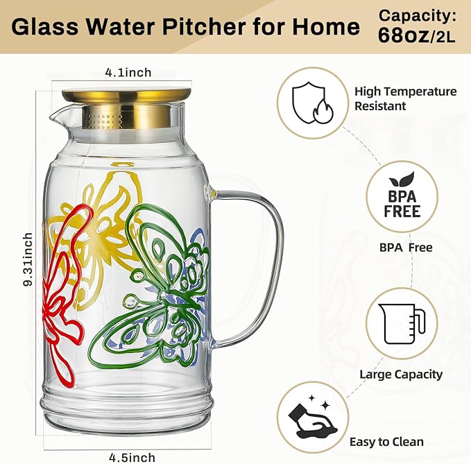Buaic Glass Pitcher with Lid and Handle,2 PACK 68 oz/2 Liter Vintage Hand Painted Butterfly Design Fridge Water Pitcher, Borosilicate Glass Water Carafe for Hot/Cold Water Iced Sun Tea,Heat Resistant - Image 2