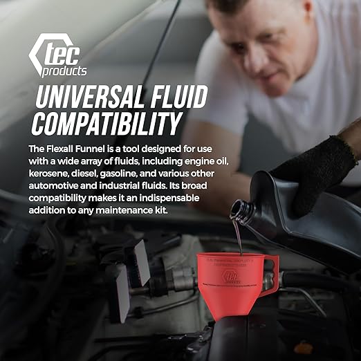 TEC Products FlexAll Long Flexible Funnels - Automotive Oil Funnel with Hose, Durable Nitrile Rubber for Oil Change, Transmission Funnel Fluid, Diesel, Fuel, Gas - Made in USA - Red (12 x 4 Inches) - Image 7