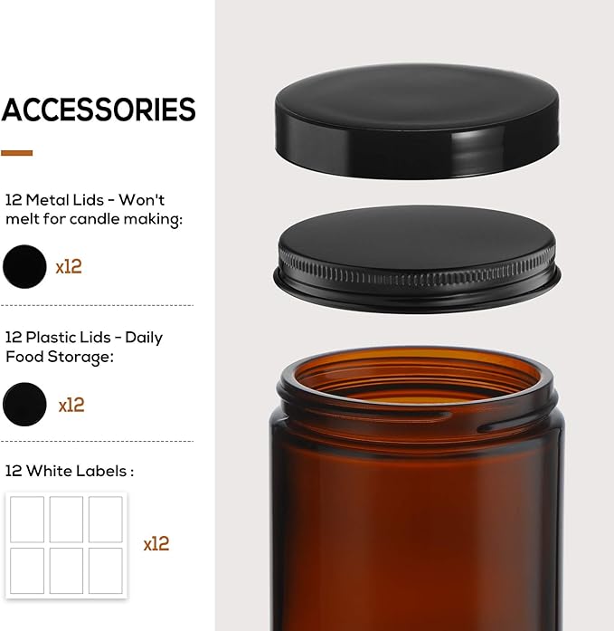 12 Pack, 8 OZ Dark Amber Candle Jars for Making Candle - Thick Glass Jars with 12 Metal & 12 Plastic Lids - Empty Round Food Storage Containers, Canning Jar For Spice, Liquid, Sample - Food Grade - Image 3