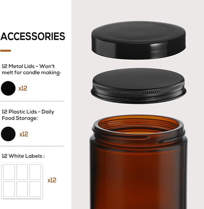 12 Pack, 8 OZ Dark Amber Candle Jars for Making Candle - Thick Glass Jars with 12 Metal & 12 Plastic Lids - Empty Round Food Storage Containers, Canning Jar For Spice, Liquid, Sample - Food Grade - Image 3