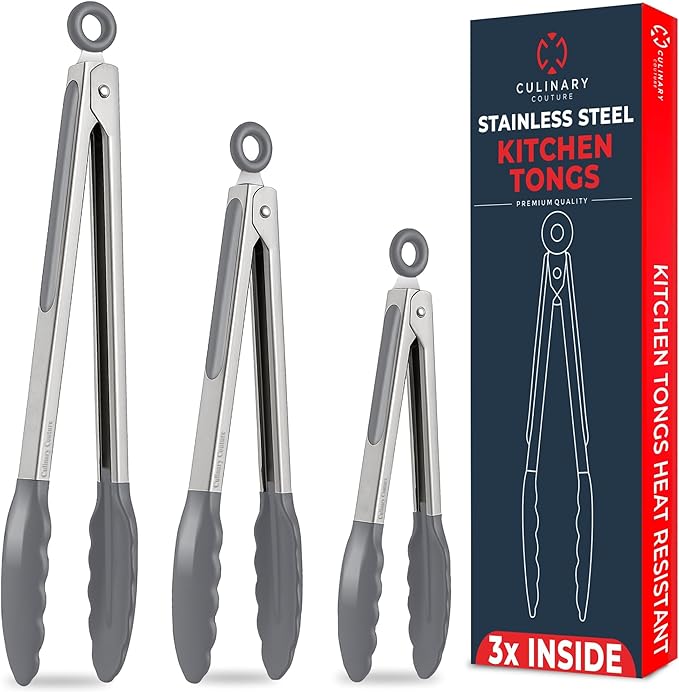 Kitchen Tongs with Silicone Tips Set of 3 Heat Resistant Tongs for Serving Food, 7-Inch, 9-Inch, 12-Inch Locking Silicone Tongs for Cooking, Salad Tong, Grey Kitchen Utensils by CulinaryCouture