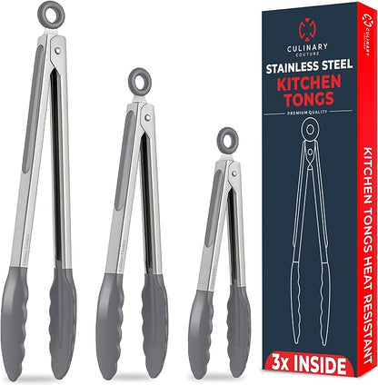 Kitchen Tongs with Silicone Tips Set of 3 Heat Resistant Tongs for Serving Food, 7-Inch, 9-Inch, 12-Inch Locking Silicone Tongs for Cooking, Salad Tong, Grey Kitchen Utensils by CulinaryCouture