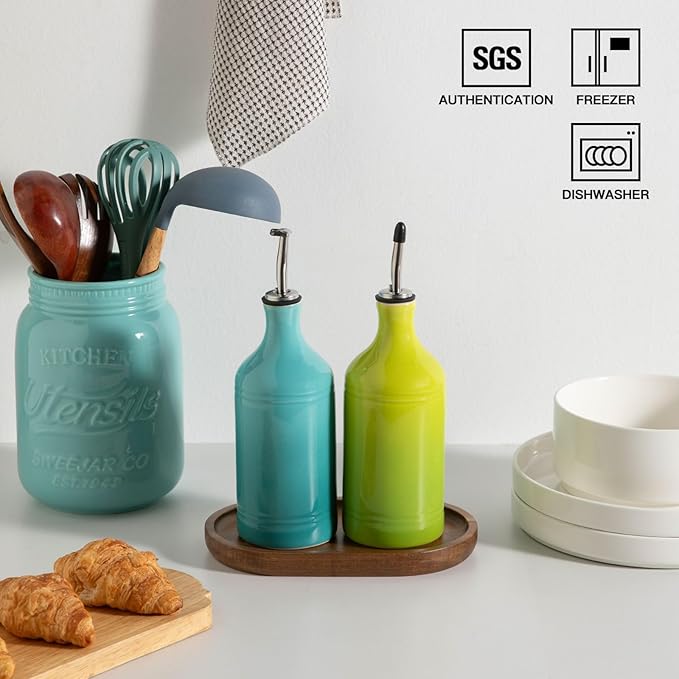 Sweejar Ceramic Olive Oil Dispenser Bottle Set, Opaque Oil Cruet Protects to Reduce Oxidation, Suitable For Storage Of Vinegar, Soy Sauce & Other Liquids,Pack of 2,15.5 Fl Oz（Gradient Blue & Green） - Image 4